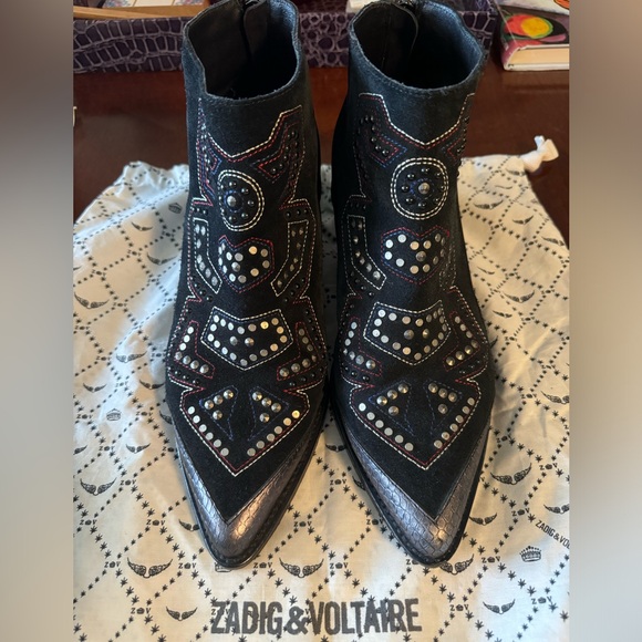 Zadig & Voltaire Women's Mods Neo Clous Embroidered Suede Western Booties Sz 40 - Picture 5 of 13